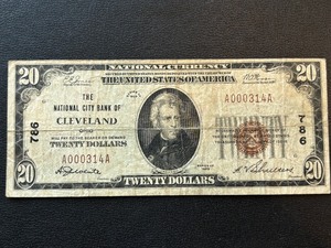 1929 Brown Seal $20 Dollar National Currency Cleveland LOW Serial Number
