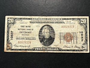 1929 Brown Seal $20 Dollar National Currency Detroit LOW Serial Number