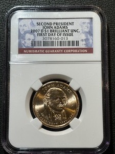 2007-D John Adams Dollar NGC Brilliant Uncirculated First Day of Issue