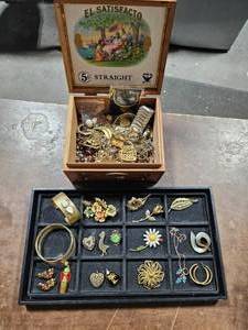 Cigar Box With Contents & Jewelry Items On Tray