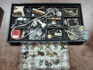 Mens Jewelry Items On Tray & Box Of Cuff Links & Tie Bars