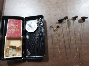 Vintage Hat Pins, Ring Holder, Small Cigar Box With Old Perfume Bottles