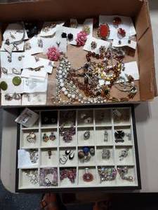 Items On Tray & Box Of Assorted Jewelry & Clip Earrings