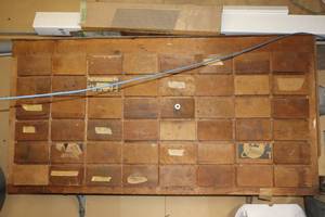lot 7Z image: Custom Built Wall Organizer Drawer-Sections Made from Vintage Food Crates wContents