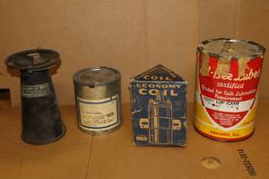 lot 3B image: Collectible 1930 Chevrolet Coupe Etc. PartsVintage Ell-Bee 600W Lubricant Can, Economy Coil, Klaxon-B Horn, Vtg. Paint Can 1929-1950 CHEVROLET Hi-Gloss Grey Engine Paint