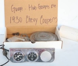 lot 3O image: 1930 Chevrolet Coupe Etc. Parts & Pieces...Dashboard Gauge, Hub Cap, Gaskets Etc