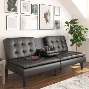 lot 503 image: Mainstays Memory Foam Futon with Cupholder and USB, Black Faux Leather