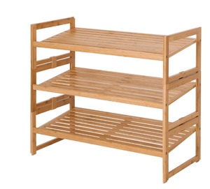 lot 511 image: Better Homes & Gardens Bamboo 3 Tier Shoe Rack for 9 Pairs Shoe, 28.66 IN Wx 13.18 IN Dx 23.8 IN H