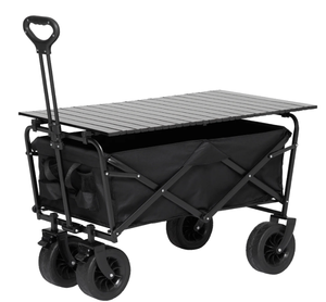 lot 63 image: Collapsible Folding Outdoor Camping Wagon, Park Picnic Camping Storage Cart with Wheels Iron Folding Table top 4 Plate mats