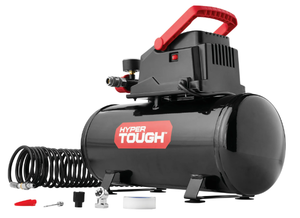 lot 74 image: Hyper Tough 3 Gallon Oil-free Portable Air Compressor with Hose & Inflation Accessory Kit, 100 PSI