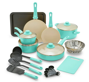 lot 495 image: 18PCS GreenLife Soft Grip Toxin-Free Healthy Ceramic Non-Stick Cookware Set