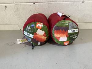 lot 424 image: LOT OF 2 Ozark Trail Packable Blanket, 70 x 60 in Mountain Scene Design with Stuff Sack for Camping Traveling Picnics