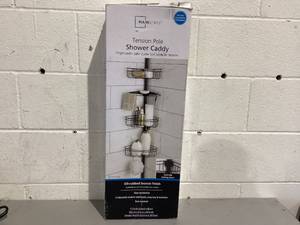 lot 469 image: Mainstays 4 Tier Steel Tension Pole Shower Caddy with 3 Baskets & Soap Tray Shelf