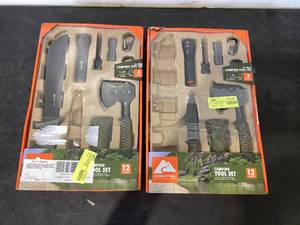 lot 525 image: LOT of 2 Ozark Trail 12 Pack Camping Tool Set with Flashlight, Machete, Knife