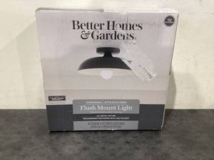 lot 595 image: Better Homes & Gardens 1light Flush Mount, Matte Black, White Inner Shade, Bulb Not Included