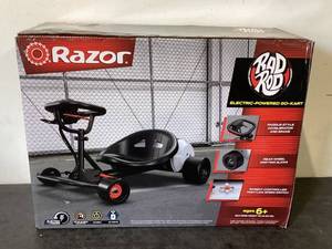 lot 85 image: Razor Ground Force Rad Rod  Pocket Go-Kart for Ages 6, Up to 10 MPH, Up to 40 Minutes of Continuous Use, 150-watt Chain-Driven Motor, 24V Rechargeable Battery. No charger. Minor damage. Tested, Works As Intended