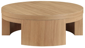 lot 37 image: Beautiful Mod Round Coffee Table by Drew Barrymore, Warm Honey Finish