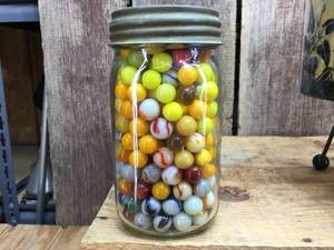 lot 130 image: Old Jar of Old Marbles - Some Glow
