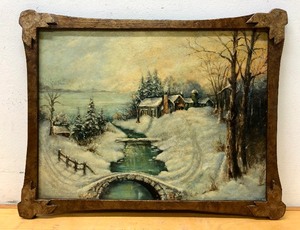 lot 6 image: Antique Oil on Board Winter Scene Painting wWonderful Carved Wood Frame