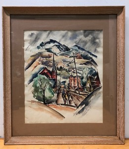 lot 25 image: Excellent Vintage 1950s Western Street Scene Watercolor Painting - Signed Barr