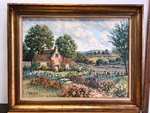 lot 30 image: Wonderful LARGE Original Oil on Canvas Countryside Garden Home Scene by Fiora Cozzi