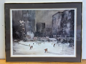 lot 31 image: Framed Signed Numbered Downtown Saint Paul Winter Skating Scene Print by Lou Roman
