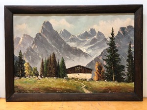 lot 38 image: Very nice Framed Signed Antique Oil on Canvas Cabin in The Mountains Painting