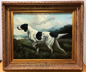 lot 39 image: Wonderful Vintage Ornately Framed Oil on Canvas English Setter Dog Painting by K. Rafael