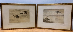 lot 41 image: Pair of Framed Signed 1930s Colored EngravingsEtchings wDucks