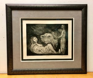 lot 49 image: Framed Signed Mid Century Abstract Woodcut or Linocut Artwork - Dream