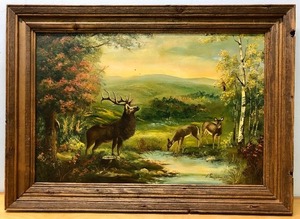 lot 70 image: Very Nice Old Vintage Original Oil on Canvas Elk Painting Signed N. Paczkowski