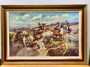 lot 72 image: Excellent Vintage Replica on Canvas CHARLES M. RUSSELL Western Artwork - A Tight Dally & a Loose Latigo