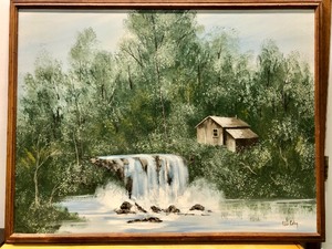 lot 74 image: Nice Vintage Framed Signed Oil on Canvas Painting Cabin & Waterfall - Somerset Studios