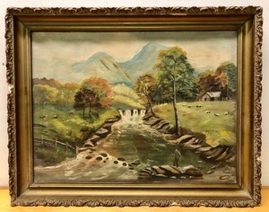 lot 80 image: Orig Antique Framed Oil on Canvas Landscape Paint wMan Fishing