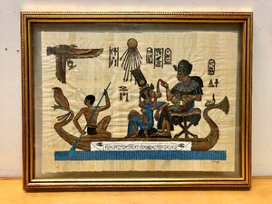 lot 82 image: Old Vintage Framed Signed Watercolor on Papyrus Egyptian Painting - Artist Hamid