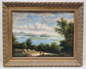 lot 92 image: Wonderful Original Oil on Panel River Scene Painting wFigures