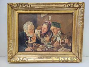 lot 93 image: Framed Signed Original Antique Oil on Panel German Tavern Painting - Signed B.K. 1921