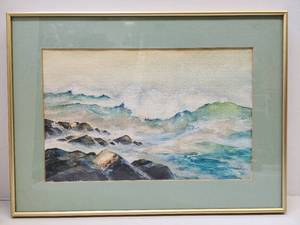 lot 98 image: Framed Signed Vintage Original Watercolor Crashing Waves Ocean Shoreline Painting by Albina Wellington