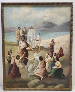 lot 101 image: Excellent Old Vintage Biblical Oil on Canvas Painting - Feeding the 5000 - Signed R. Hagenauer