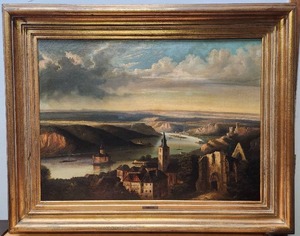 lot 112 image: Exceptional LARGE Framed Antique Oil on Canvas River Town Painting