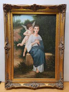 lot 113 image: Ornately Framed Wonderful LARGE Oil on Canvas Painting - Woman wCherub