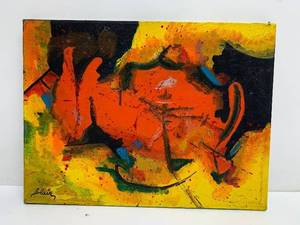 lot 17 image: Vintage Mid Century Abstract Oil on Canvas Painting - Signed Blair - Basically Orange