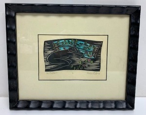 lot 115 image: Framed Signed Art Nouveau Style Woodcut - Le Finetre