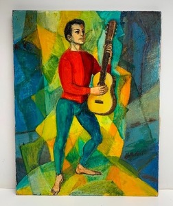 lot 116 image: Mid Century 1960s Oil on Canvas Painting - Man with Guitar - Signed Hoffner