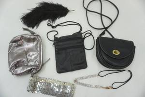 lot 31 image: Small purse lot, two leather, choker, feather