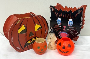 lot 63 image: Vintage Halloween Paper Mache Pumpkin Candle Holder, Paper Pumpkin Box, Paper Cat Box and More