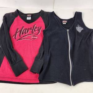Lot Of Two Harley Davidson Womens Shirts Long Sleeve RedBlack And Black Fleece Vest Size M