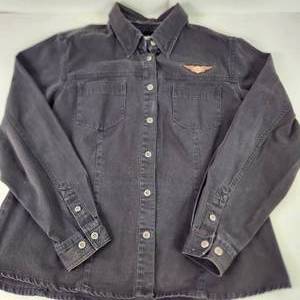 Womens Harley Davidson Black Denim Button Down Shirt Size XL Beautiful Stitching On Back