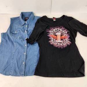 Lot Of Two Harley Davidson Tops One New Sleeveless Denim Snap Shirt One Black Long Sleeve Size M