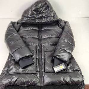 NEW Womens Kenneth Cole Black Quilted Mid Length Winter Coat Pockets Hood Side Zipper Size L